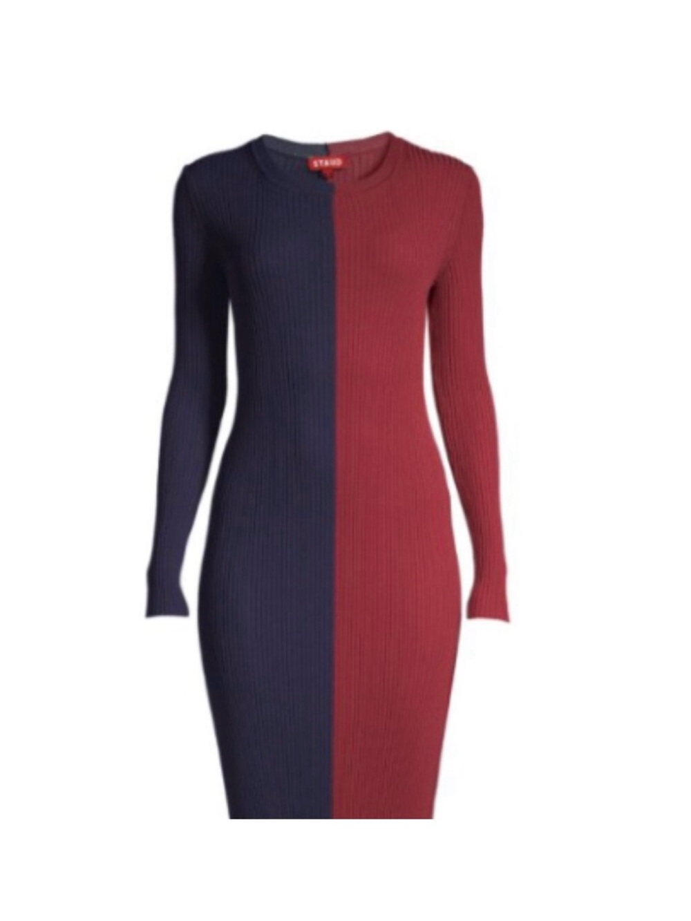 STAUD Two-Tone Ribbed Midi Dress in Navy & Burgundy